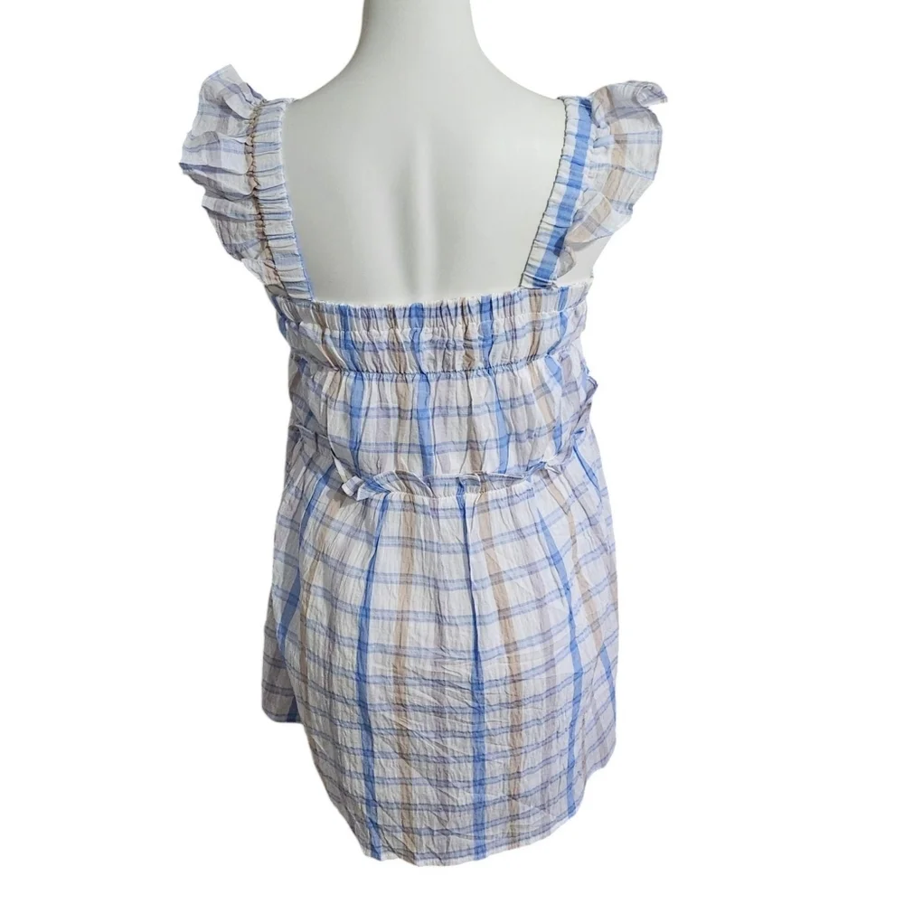 Blu Pepper Plaid Smocked Ruffle Mini dress Blue & Tan Size S